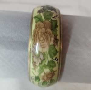 Vintage Floral Wide Bangle Roses And Leaves 80s EUC